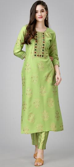 Casual Green color Salwar Kameez in Rayon fabric with Straight Gota Patti, Printed, Sequence work : 1858390