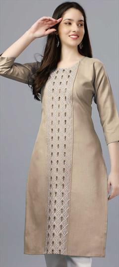 Casual Beige and Brown color Kurti in Cotton fabric with Long, Straight Embroidered, Thread work : 1858391