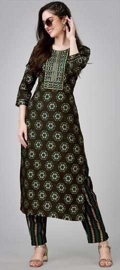 Casual Beige and Brown color Salwar Kameez in Rayon fabric with Straight Gota Patti, Printed, Sequence work : 1858392