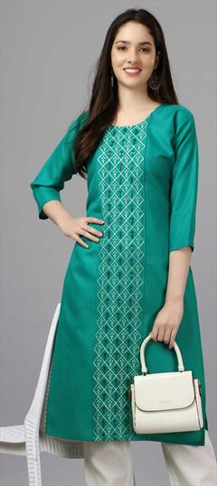 Casual Blue color Kurti in Cotton fabric with Long, Straight Embroidered, Thread work : 1858393