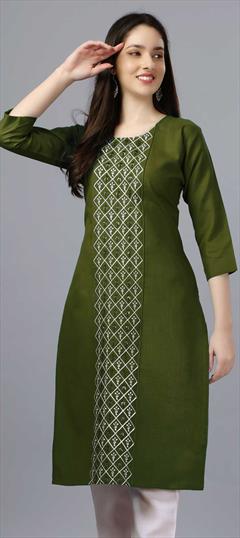 Casual Green color Kurti in Cotton fabric with Long, Straight Embroidered, Thread work : 1858395