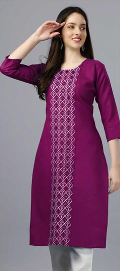 Casual Purple and Violet color Kurti in Cotton fabric with Long, Straight Embroidered, Thread work : 1858397