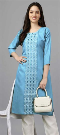 Casual Blue color Kurti in Cotton fabric with Long, Straight Embroidered, Thread work : 1858398
