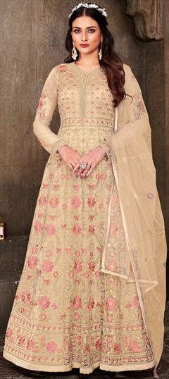 Party Wear, Reception Beige and Brown color Salwar Kameez in Net fabric with Anarkali Embroidered, Resham, Stone, Thread, Zari work : 1858430