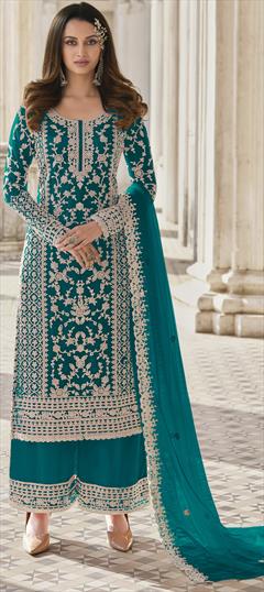 Festive, Party Wear Blue color Salwar Kameez in Net fabric with Palazzo, Straight Embroidered, Thread, Zari work : 1858444