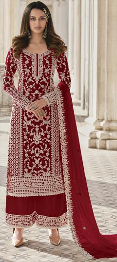 Festive, Party Wear Red and Maroon color Salwar Kameez in Net fabric with Palazzo, Straight Embroidered, Thread, Zari work : 1858447