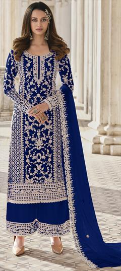 Festive, Party Wear Blue color Salwar Kameez in Net fabric with Palazzo, Straight Embroidered, Thread, Zari work : 1858451