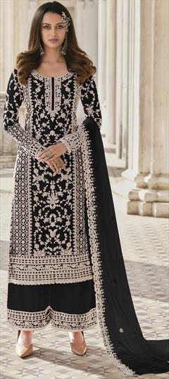 Festive, Party Wear Black and Grey color Salwar Kameez in Net fabric with Palazzo, Straight Embroidered, Thread, Zari work : 1858454