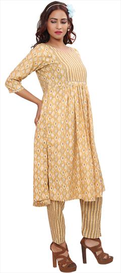 Party Wear Beige and Brown color Salwar Kameez in Rayon fabric with Straight Printed work : 1858460