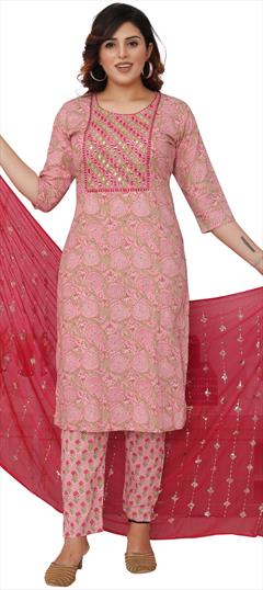 Party Wear Pink and Majenta color Salwar Kameez in Cotton fabric with Straight Printed, Resham, Thread work : 1858464