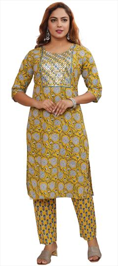 Party Wear Yellow color Salwar Kameez in Cotton fabric with Straight Printed, Sequence, Thread work : 1858465