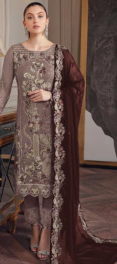 Reception, Wedding Beige and Brown color Salwar Kameez in Faux Georgette fabric with Straight Embroidered, Sequence work : 1858520