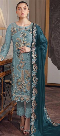Reception, Wedding Blue color Salwar Kameez in Faux Georgette fabric with Straight Embroidered, Sequence work : 1858521