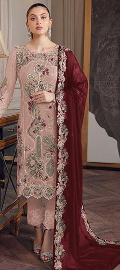 Reception, Wedding Pink and Majenta color Salwar Kameez in Faux Georgette fabric with Straight Embroidered, Sequence work : 1858522