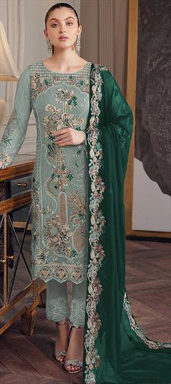 Reception, Wedding Green color Salwar Kameez in Faux Georgette fabric with Straight Embroidered, Sequence work : 1858523