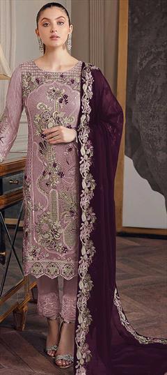 Reception, Wedding Purple and Violet color Salwar Kameez in Faux Georgette fabric with Straight Embroidered, Sequence work : 1858524