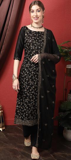 Festive, Reception Black and Grey color Salwar Kameez in Blended Cotton fabric with Palazzo, Straight Cut Dana, Embroidered, Resham, Sequence, Thread work : 1858703