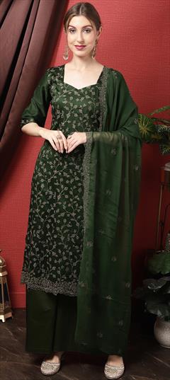 Festive, Reception Green color Salwar Kameez in Blended Cotton fabric with Palazzo, Straight Cut Dana, Embroidered, Resham, Sequence, Thread work : 1858706