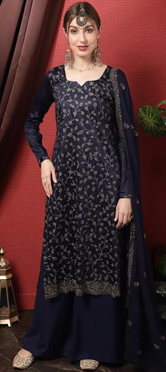 Festive, Reception Blue color Salwar Kameez in Blended Cotton fabric with Palazzo, Straight Cut Dana, Embroidered, Resham, Sequence, Thread work : 1858707