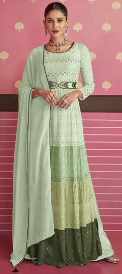 Festive, Reception Green color Salwar Kameez in Georgette fabric with Straight Embroidered, Sequence, Thread work : 1858709