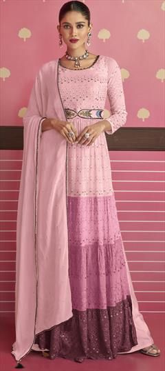 Festive, Reception Pink and Majenta color Salwar Kameez in Georgette fabric with Straight Embroidered, Sequence, Thread work : 1858712