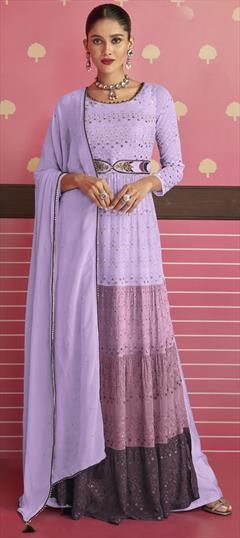 Festive, Reception Purple and Violet color Salwar Kameez in Georgette fabric with Straight Embroidered, Sequence, Thread work : 1858718