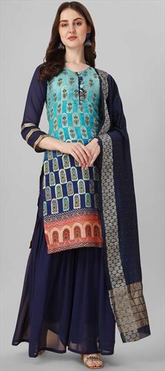 Festive Blue color Salwar Kameez in Silk fabric with Sharara, Straight Weaving work : 1858738