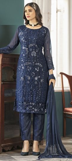 Party Wear, Reception Blue color Salwar Kameez in Georgette fabric with Straight Embroidered, Resham, Sequence, Thread work : 1858765