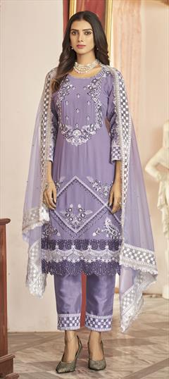 Party Wear, Reception Purple and Violet color Salwar Kameez in Georgette fabric with Straight Embroidered, Resham, Sequence, Thread work : 1858766
