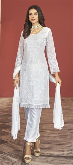 Party Wear, Reception White and Off White color Salwar Kameez in Georgette fabric with Straight Embroidered, Resham, Sequence, Thread work : 1858767