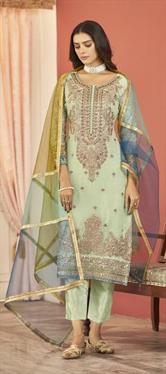 Party Wear, Reception Green color Salwar Kameez in Georgette fabric with Straight Embroidered, Resham, Sequence, Thread work : 1858768