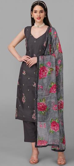 Party Wear Black and Grey color Salwar Kameez in Chanderi Silk, Cotton fabric with Straight Embroidered, Fancy Work work : 1858950