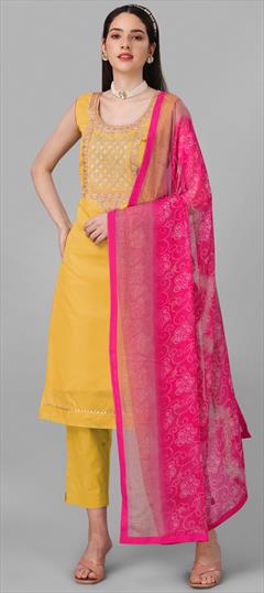 Party Wear Yellow color Salwar Kameez in Chanderi Silk, Cotton fabric with Straight Embroidered, Fancy Work work : 1858953