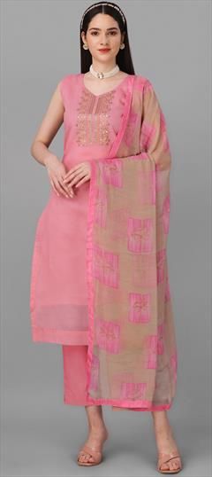Party Wear Pink and Majenta color Salwar Kameez in Chanderi Silk, Cotton fabric with Straight Embroidered, Fancy Work work : 1858956