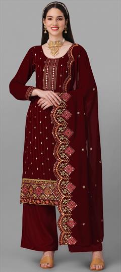 Festive, Reception Red and Maroon color Salwar Kameez in Georgette fabric with Palazzo, Straight Embroidered, Thread, Zari work : 1859096