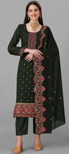 Festive, Reception Green color Salwar Kameez in Georgette fabric with Straight Embroidered, Thread, Zari work : 1859097