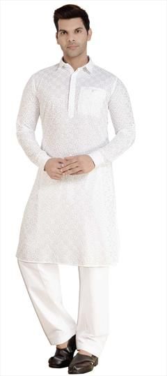 White and Off White color Pathani Suit in Rayon fabric with Embroidered, Thread work : 1859136