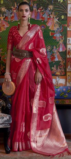 Festive Red and Maroon color Saree in Organza Silk fabric with Classic Weaving work : 1859216