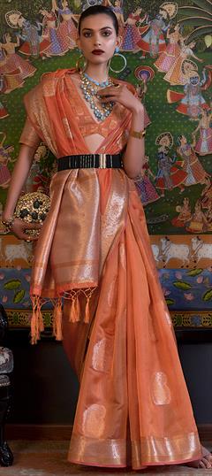 Festive Orange color Saree in Organza Silk fabric with Classic Weaving work : 1859219