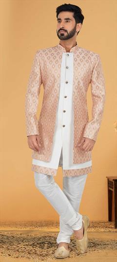Pink and Majenta, White and Off White color IndoWestern Dress in Jacquard fabric with Weaving work : 1859271