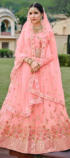 Engagement, Festive Pink and Majenta color Lehenga in Net fabric with A Line Embroidered, Gota Patti, Stone work : 1859349