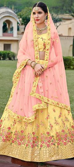 Engagement, Festive Yellow color Lehenga in Net fabric with A Line Embroidered, Gota Patti, Stone work : 1859351