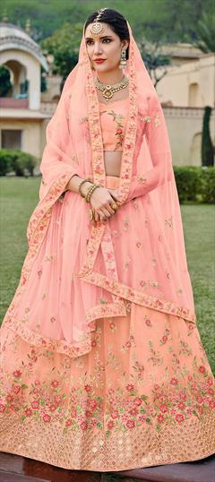 Engagement, Festive Pink and Majenta color Lehenga in Net fabric with A Line Embroidered, Gota Patti, Stone work : 1859355