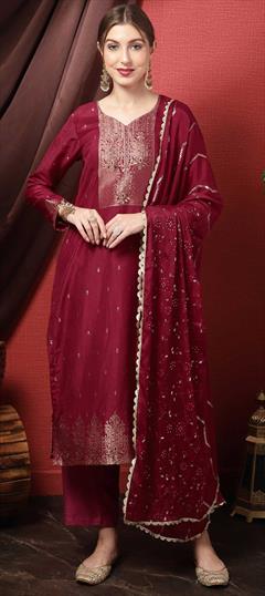 Festive, Reception Red and Maroon color Salwar Kameez in Art Silk, Silk fabric with Straight Stone, Thread, Weaving work : 1859372