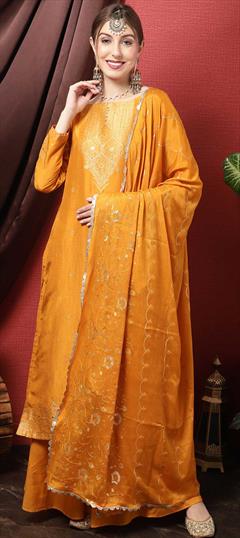 Festive, Reception Yellow color Salwar Kameez in Art Silk, Silk fabric with Palazzo, Straight Stone, Thread, Weaving work : 1859376