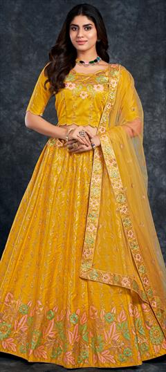 Festive, Reception, Wedding Yellow color Lehenga in Silk fabric with A Line Gota Patti, Stone, Thread, Zari work : 1859384