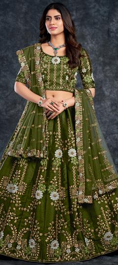 Festive, Reception, Wedding Green color Lehenga in Silk fabric with A Line Gota Patti, Stone, Thread, Zari work : 1859393
