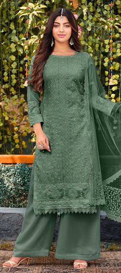 Festive, Reception Green color Salwar Kameez in Faux Georgette fabric with Palazzo, Straight Embroidered, Resham, Thread work : 1859396