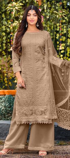 Festive, Reception Beige and Brown color Salwar Kameez in Faux Georgette fabric with Palazzo, Straight Embroidered, Resham, Thread work : 1859398