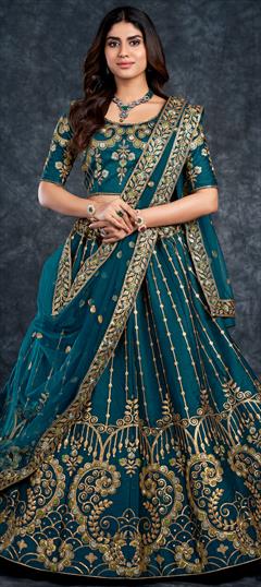 Festive, Reception, Wedding Blue color Lehenga in Silk fabric with A Line Gota Patti, Stone, Thread, Zari work : 1859416